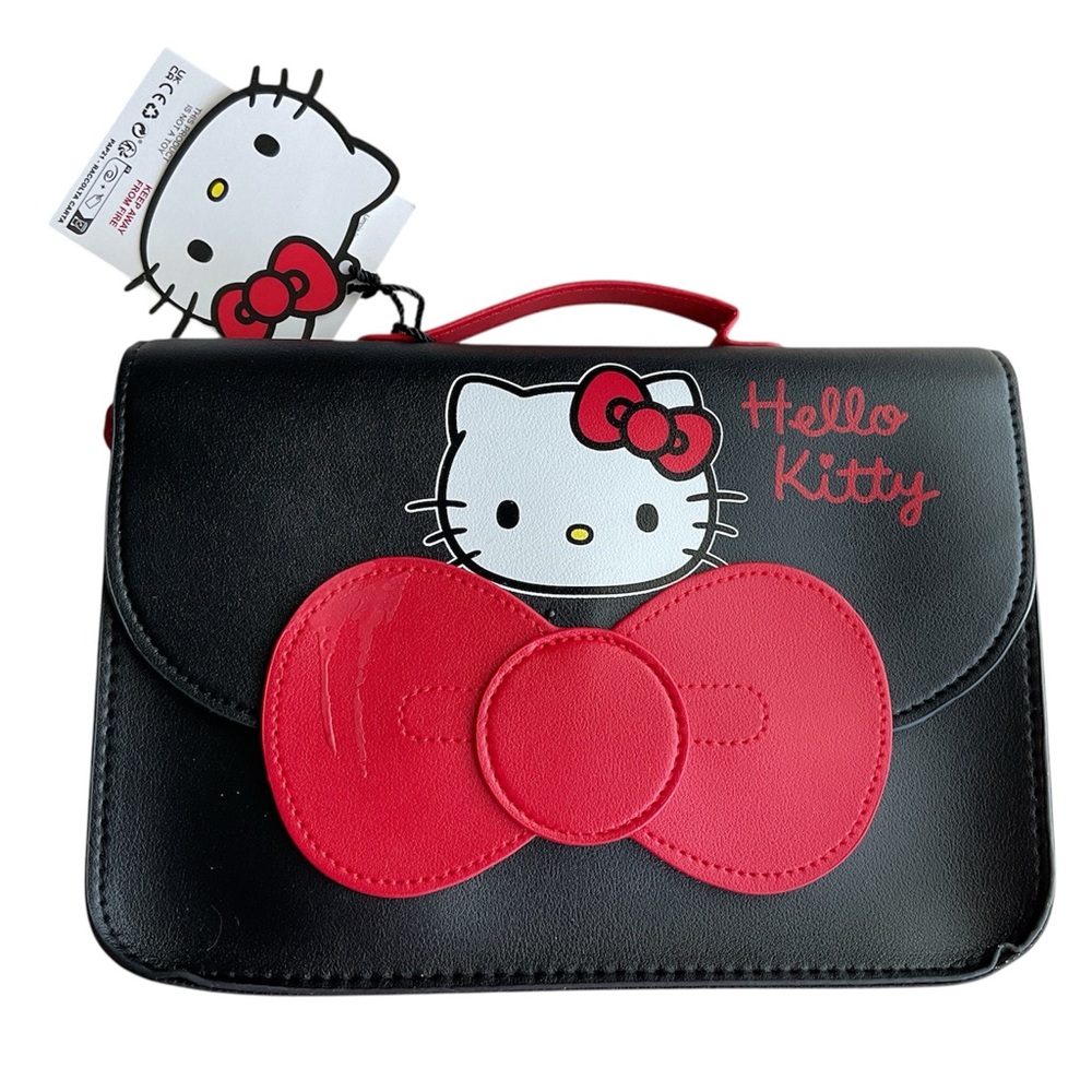 Hello Kitty Girls Crossbody Handbag Black Red Bow Faux Leather